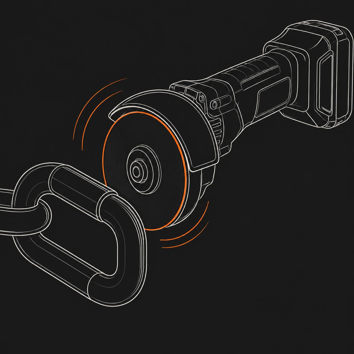 Line diagram of a cordless cutting tool disc against a thick metal lock link