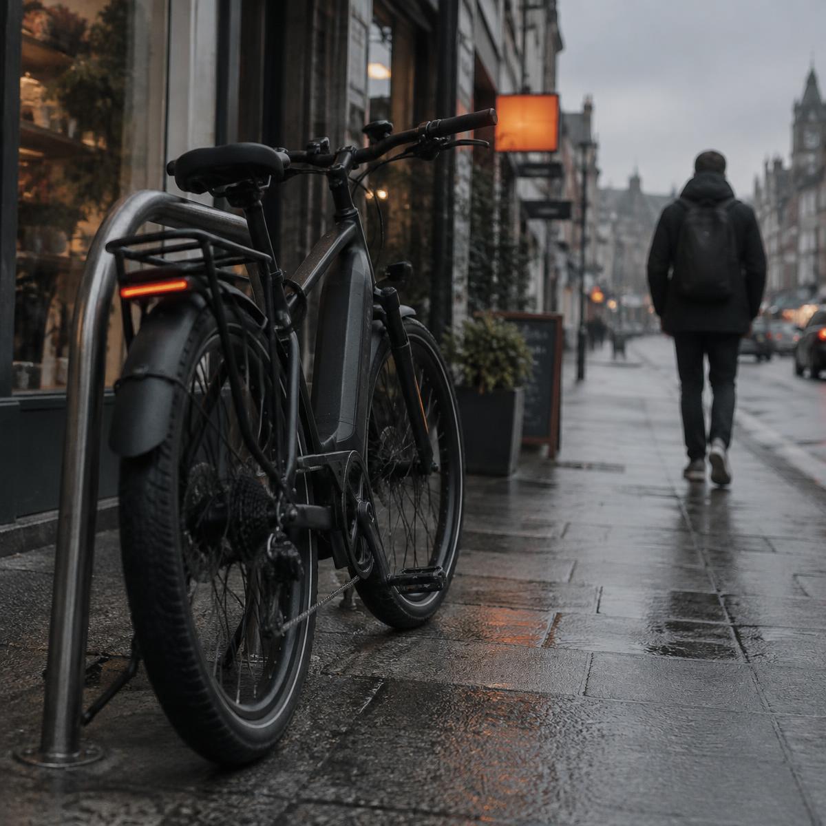 Black e-bike locked to a rack outside a shop on a wet high street